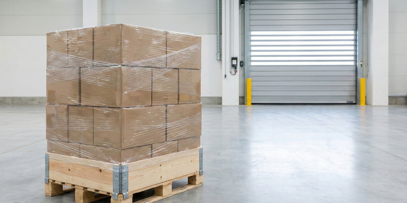 Dusseldorf pallet loaded with foiled cartons, ready for shipment in the clean outgoing goods area of a logistics center, ideal for illustrating contract logistics and retail logistics.